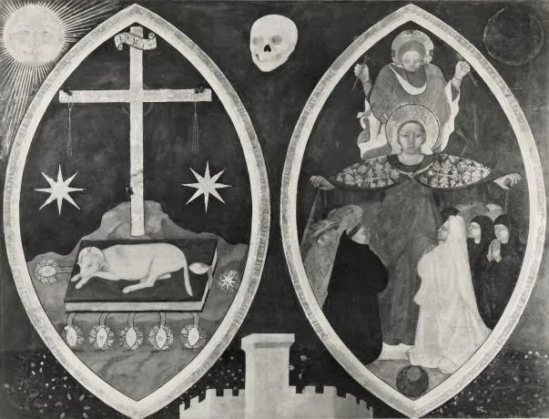 Antonio da Firenze's Apocalyptic Symbols and Madonna of Mercy depicts divine judgment tempered by Mary's mercy.