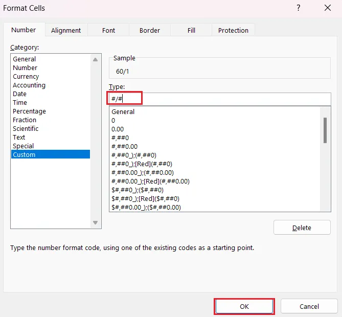 Applying custom number format #/# to display ratios as fractions in Excel