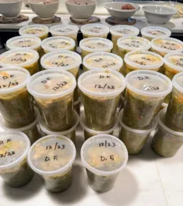 Approximately 44 labeled plastic containers of home cooked dog food, ready for freezing or refrigeration, demonstrating proper storage techniques.