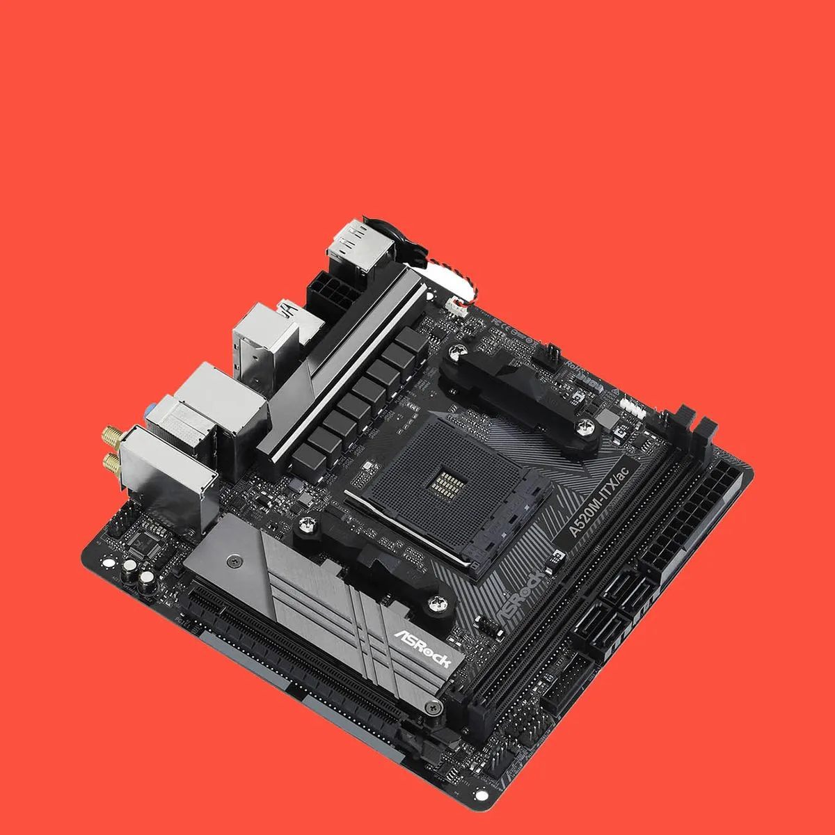 ASRock A520M ITX/ac on a red background