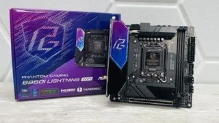 ASRock Phantom Gaming B860I Lightning Wi-Fi motherboard on a desk.