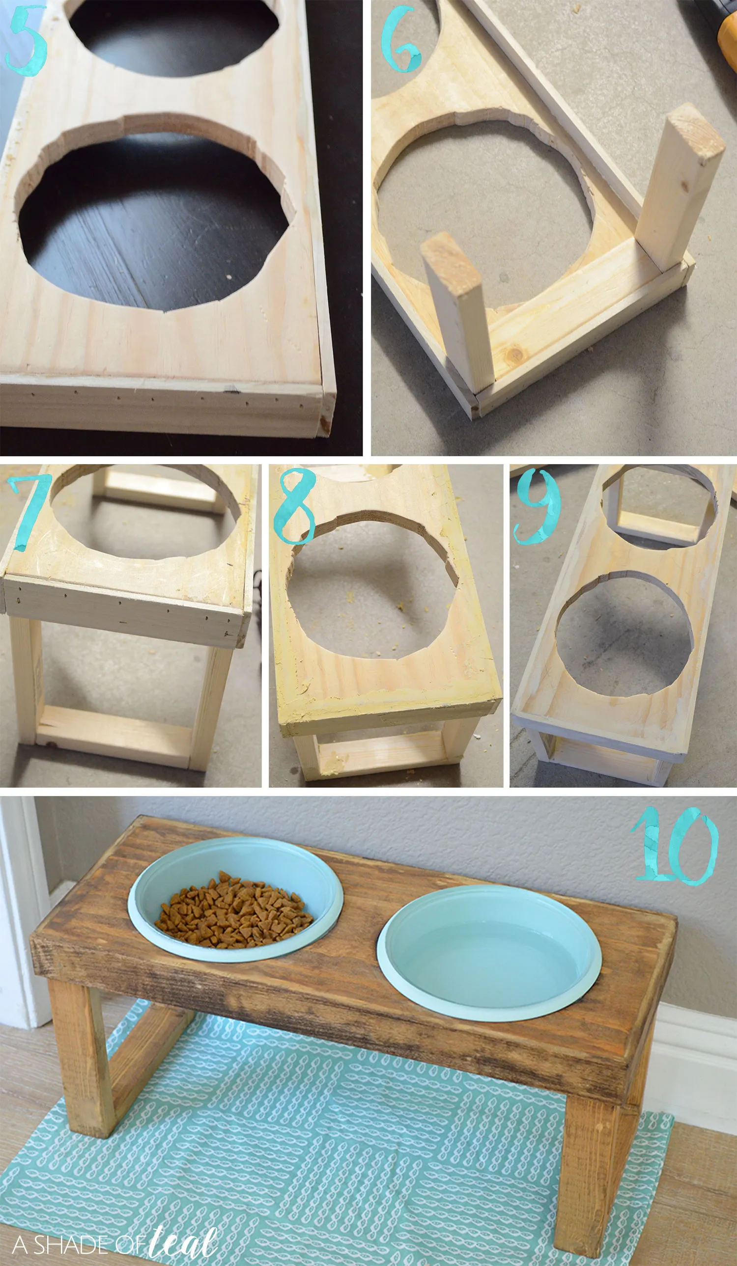 Assembling the wooden frame and legs of a DIY raised dog feeder with glue and nails for stability
