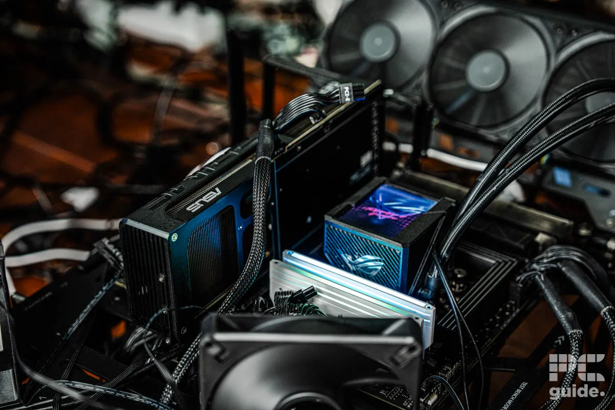 ASUS Prime RTX 5060 Ti 16GB OC graphics card on a test bench, highlighting its design for photo editing performance.