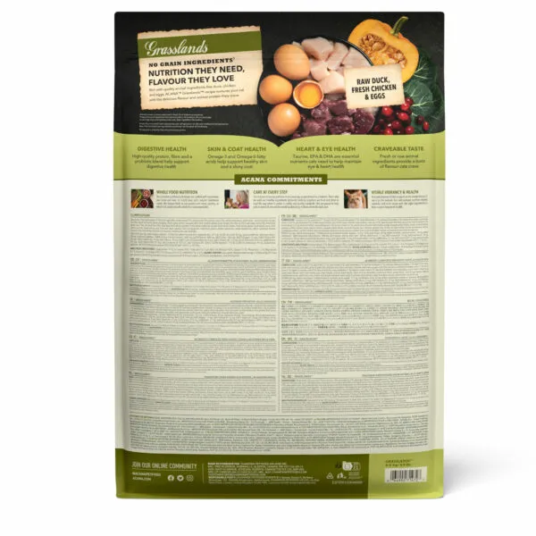 Back of the ACANA Grasslands Cat food 4.5kg bag, displaying detailed ingredient list and nutritional information for feline health.