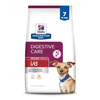 Bag of Hill's Prescription Diet i/d Digestive Care Dry Food, recommended by vets for 10-month-old puppies with sensitive stomachs.
