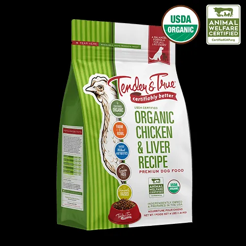 Bag of Tender & True Organic Chicken and Liver Grain Free dog food