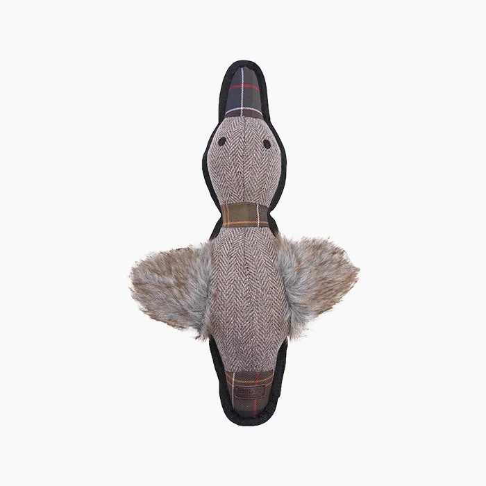 Barbour Dog Toy, a durable duck toy with feather wings and a plaid bill