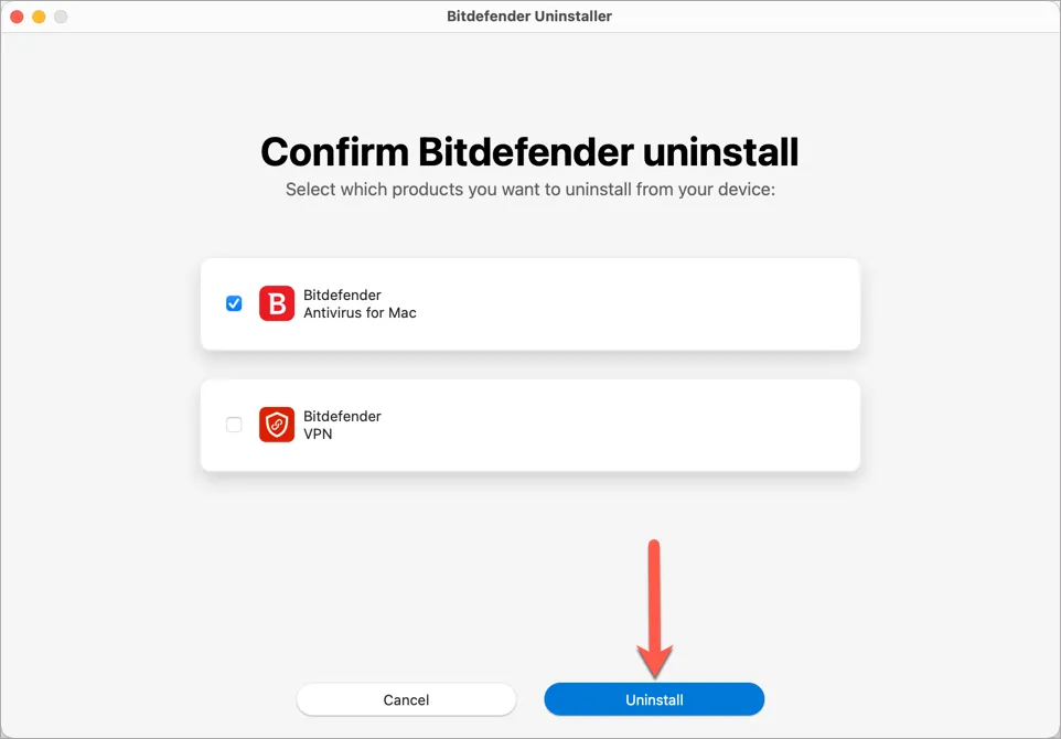 Bitdefender uninstaller prompt showing the checkbox for 'Bitdefender Antivirus for Mac' selected, confirming the intention to remove the security software.