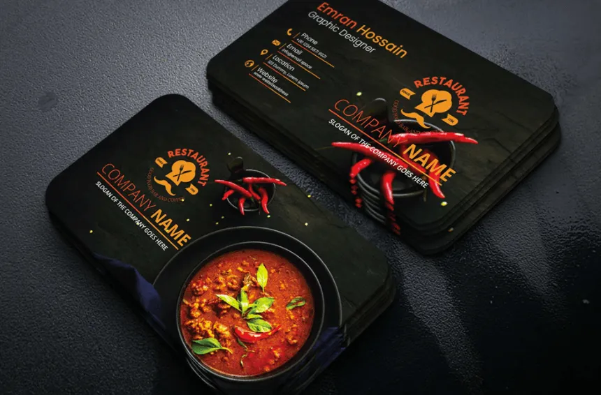 Black Restaurant Business card with Realistic Dish