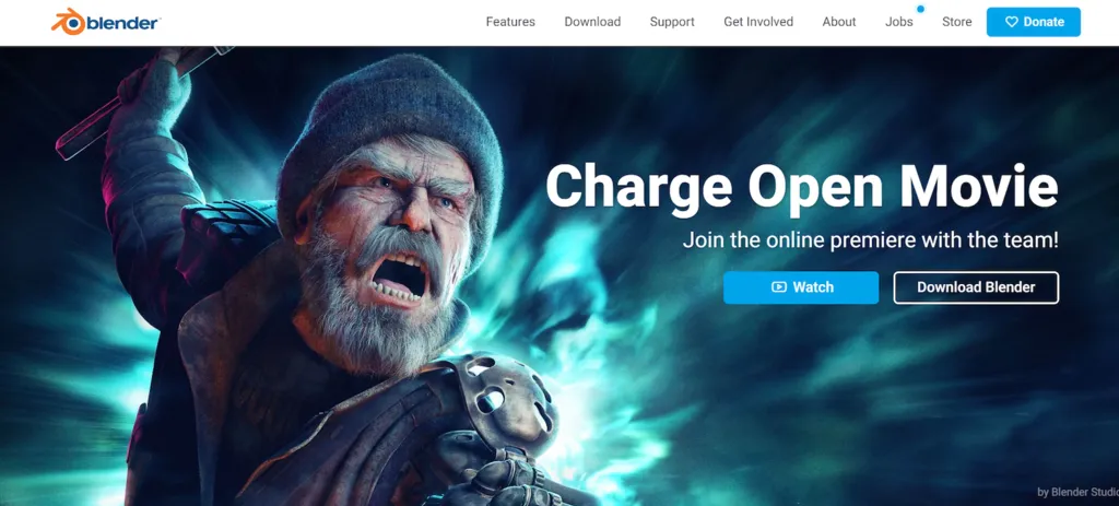 Blender's official website homepage demonstrating its 3D modeling and animation capabilities.