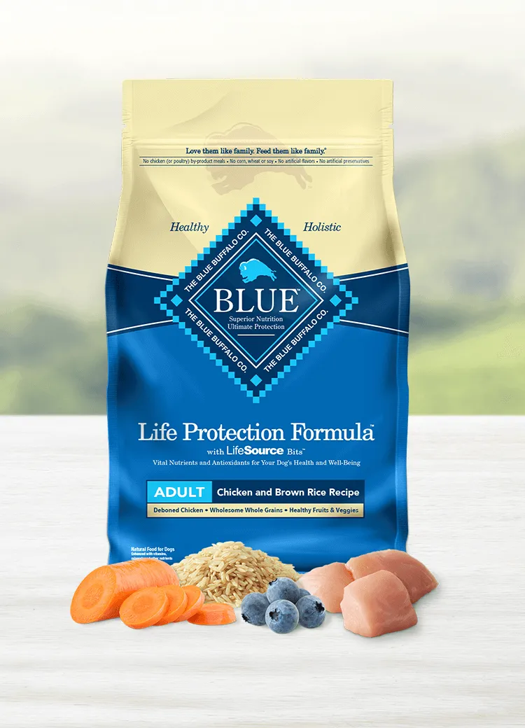 Blue Buffalo Life Protection Formula adult dog food bag, chicken and brown rice recipe
