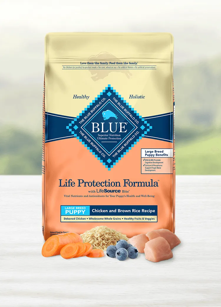 Blue Buffalo Life Protection Formula large breed puppy food bag, chicken and brown rice recipe