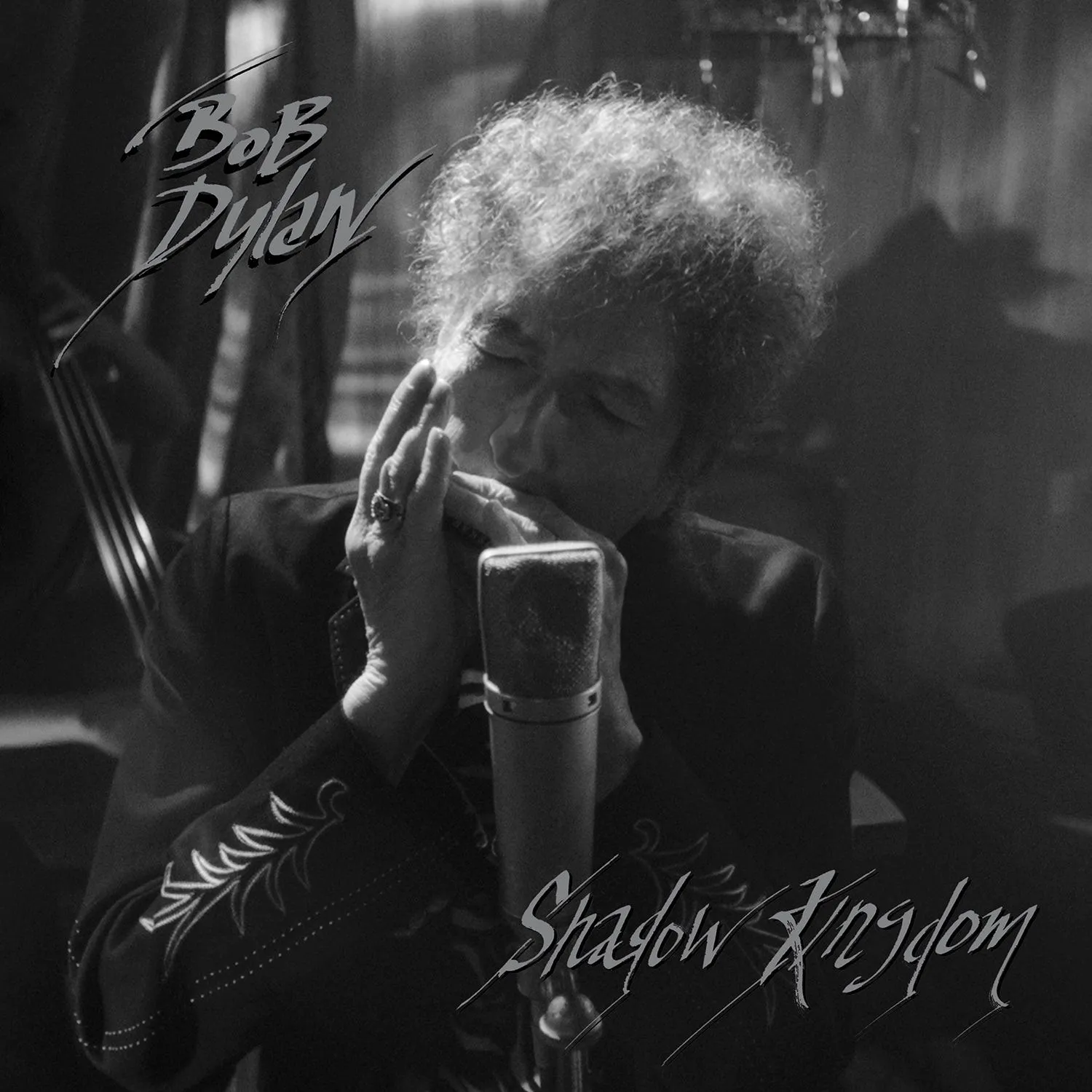 Bob Dylan performing in a dimly lit room