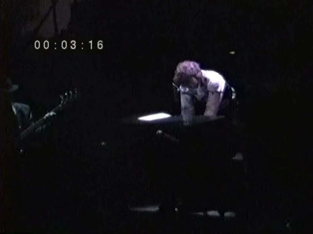 Bob Dylan performing live on stage, capturing the essence of his 1989 Never Ending Tour performances and the powerful energy of his classic oldies music