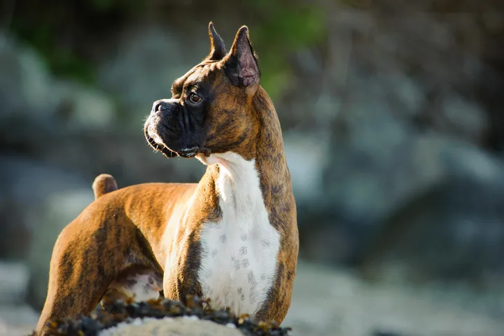 Boxer head portrait outdoors, highlighting its affectionate nature, intelligence, and good work ethic.