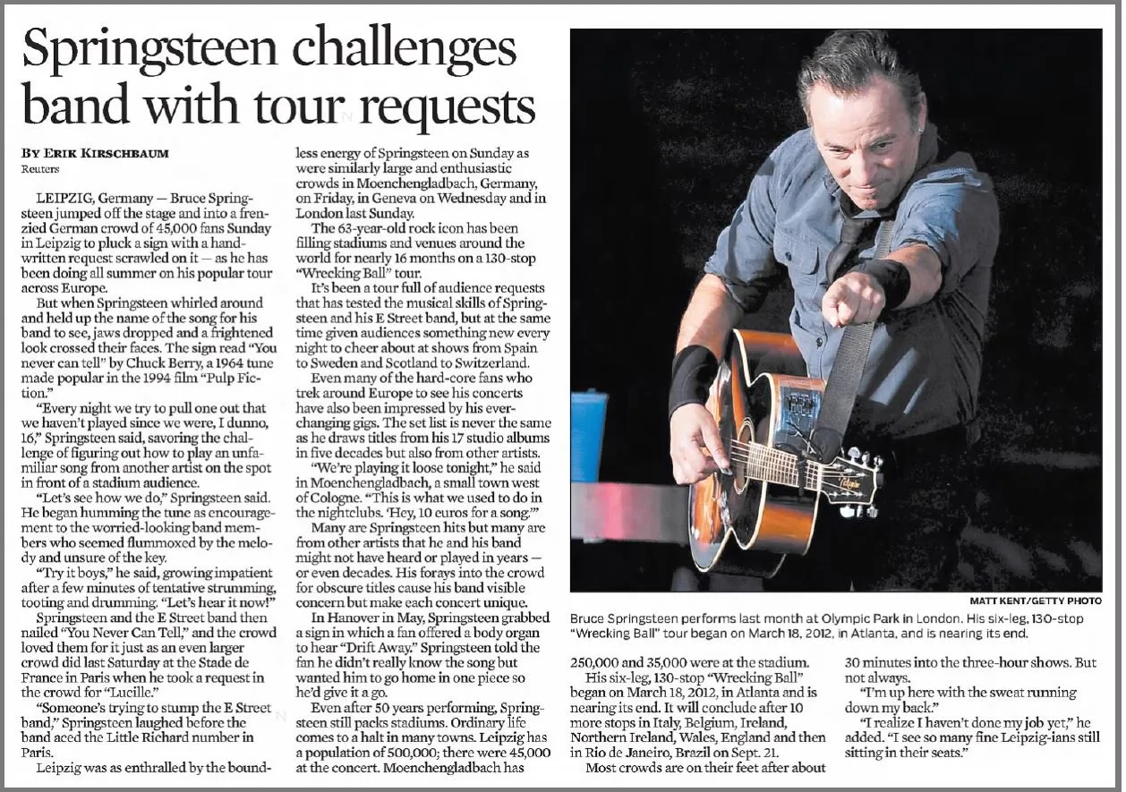 Bruce Springsteen performing Chuck Berry's 'You Never Can Tell' live in Leipzig, a concert moment that became a viral sensation for its spontaneous improvisation.