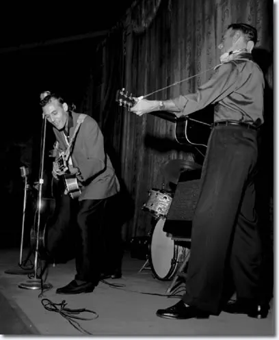 Carl Perkins performing "Blue Suede Shoes" live at Overton Park Shell in 1956