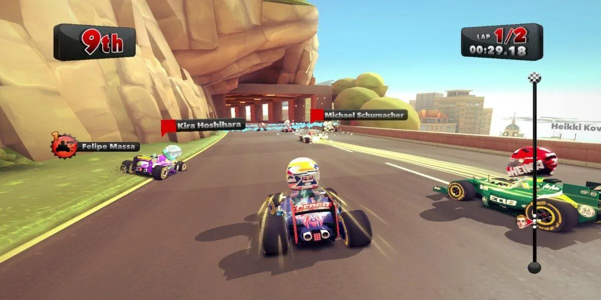 Cartoon F1 cars racing on a winding track