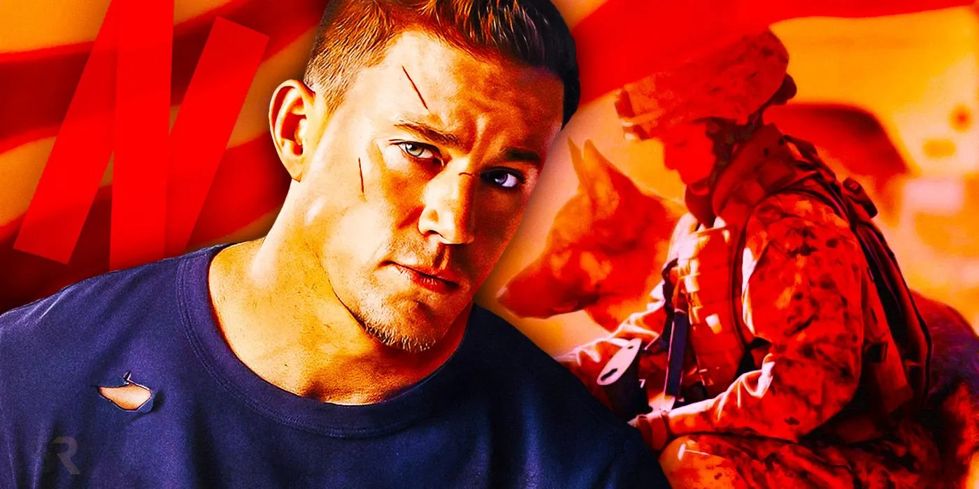 Channing Tatum as Jackson Briggs affectionately petting Lulu, a Belgian Malinois military dog, in the emotional movie "Dog."