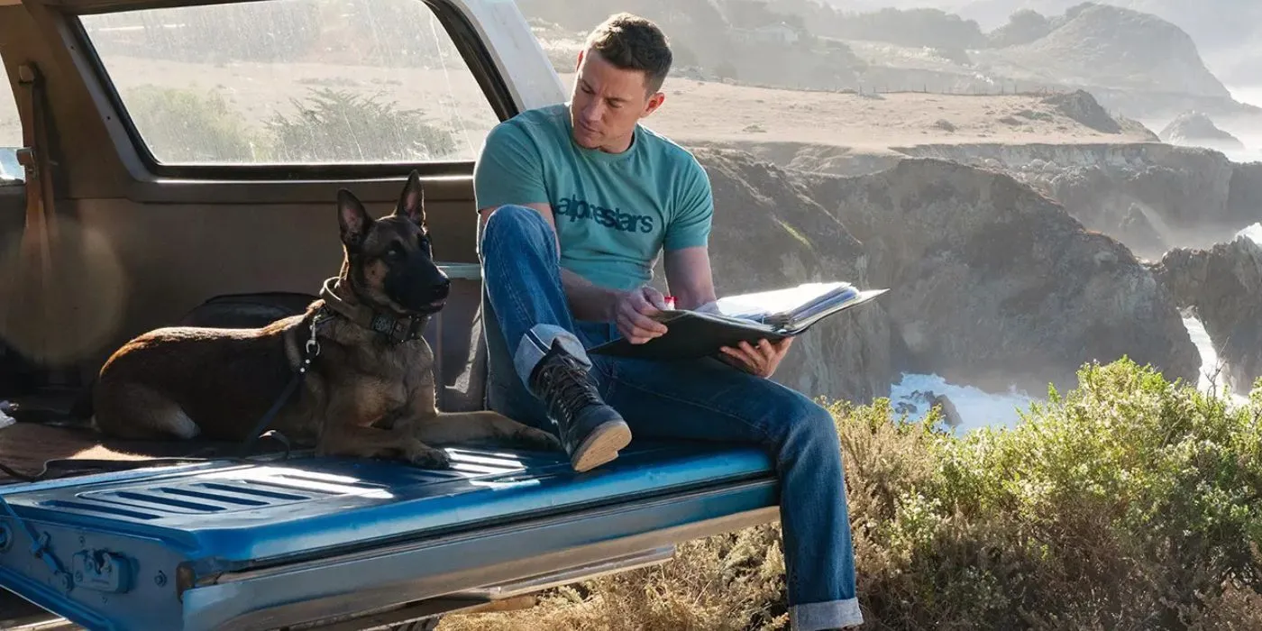 Channing Tatum's character Jackson Briggs gently reads a book to Lulu in the back of his car, highlighting their growing affection.