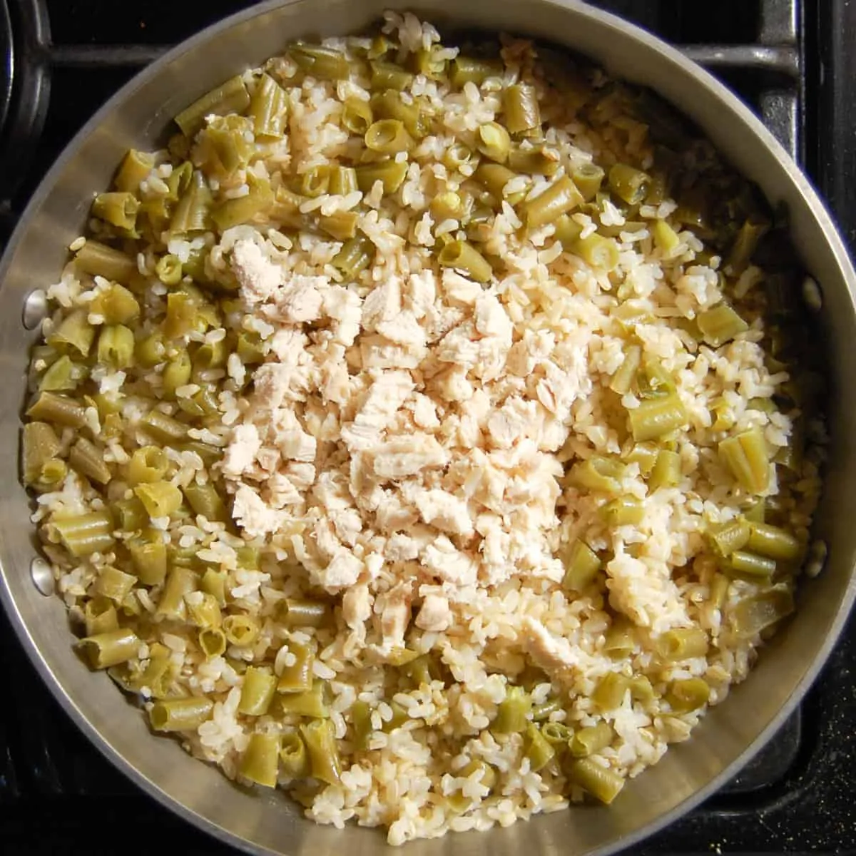 Chicken and rice for dogs after cooking with cut-up green beans and chicken breast