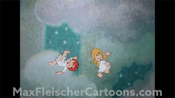 Children playfully falling in a scene from Max Fleischer's Somewhere In Dreamland, illustrating the cartoon's imaginative sequences