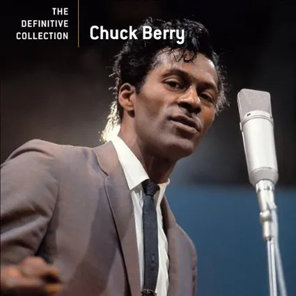 Chuck Berry performing his iconic duck walk with a Gibson ES-350T guitar, a true rock and roll pioneer whose definitive collection is essential listening.