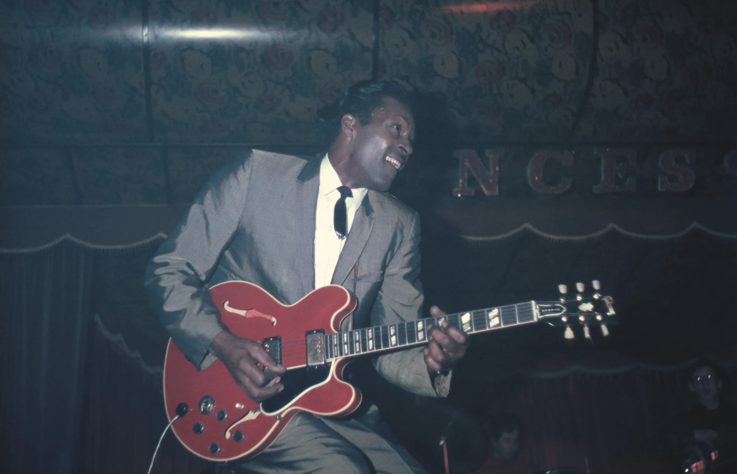 Chuck Berry performing rock and roll music live on stage in the UK, circa 1967