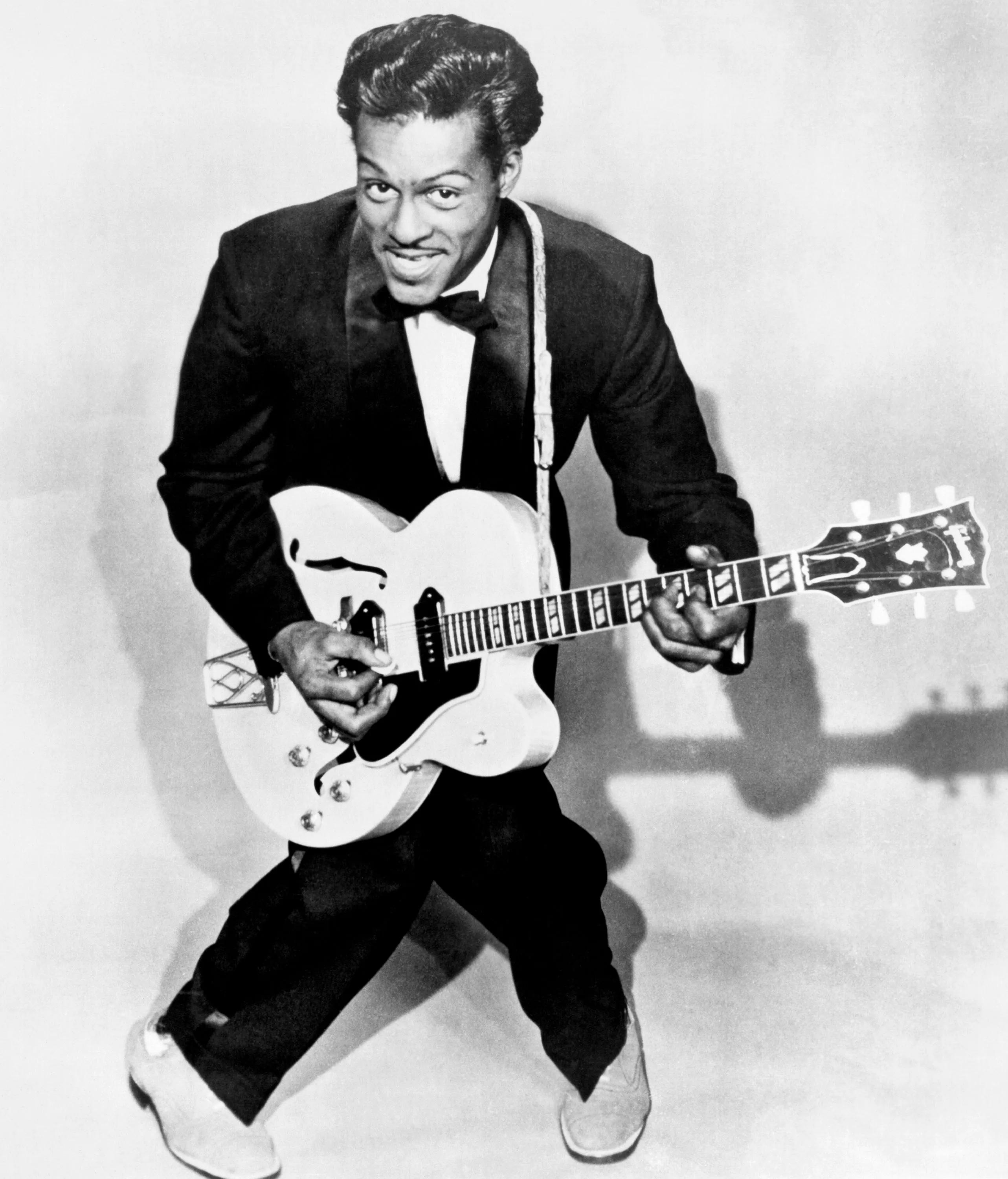 Chuck Berry with Gibson hollowbody electric guitar, circa 1958