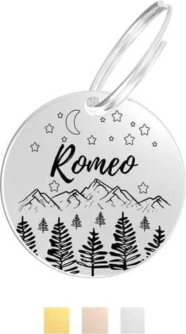 Circular dog ID tag with whimsical outdoor theme