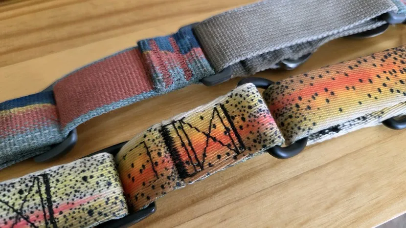 Close-up comparing Ruffwear's construction with heavier bartacking to other brands.
