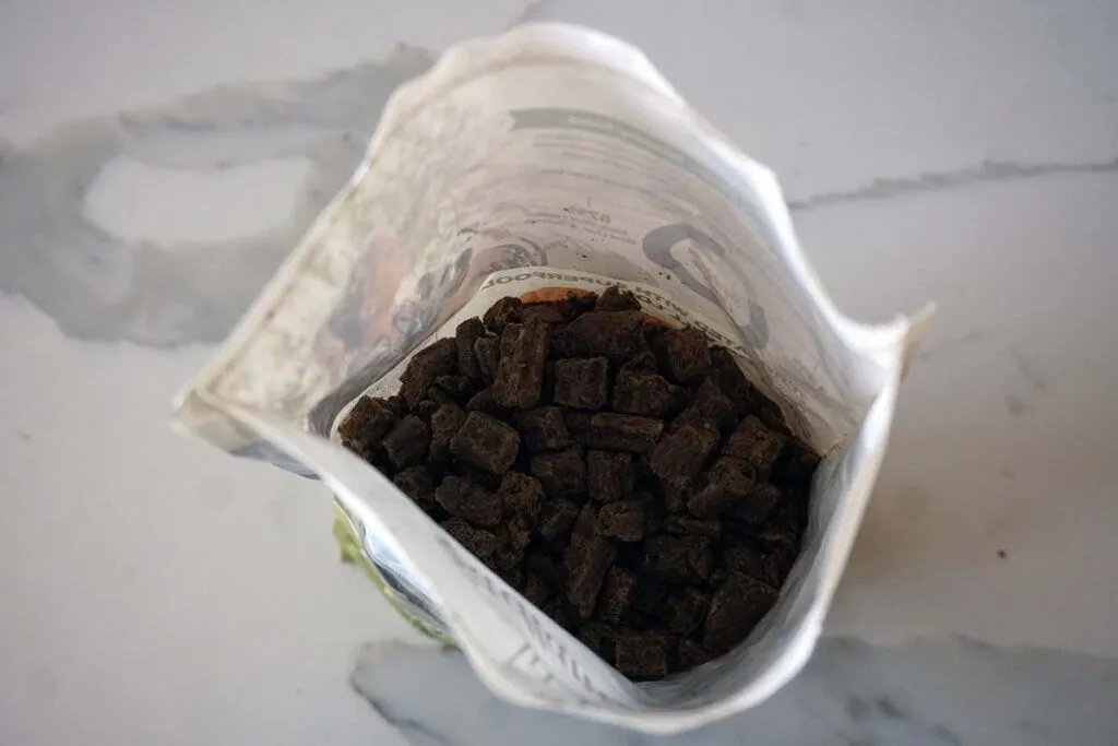 Close-up inside a bag of Badlands Ranch Superfood dog food
