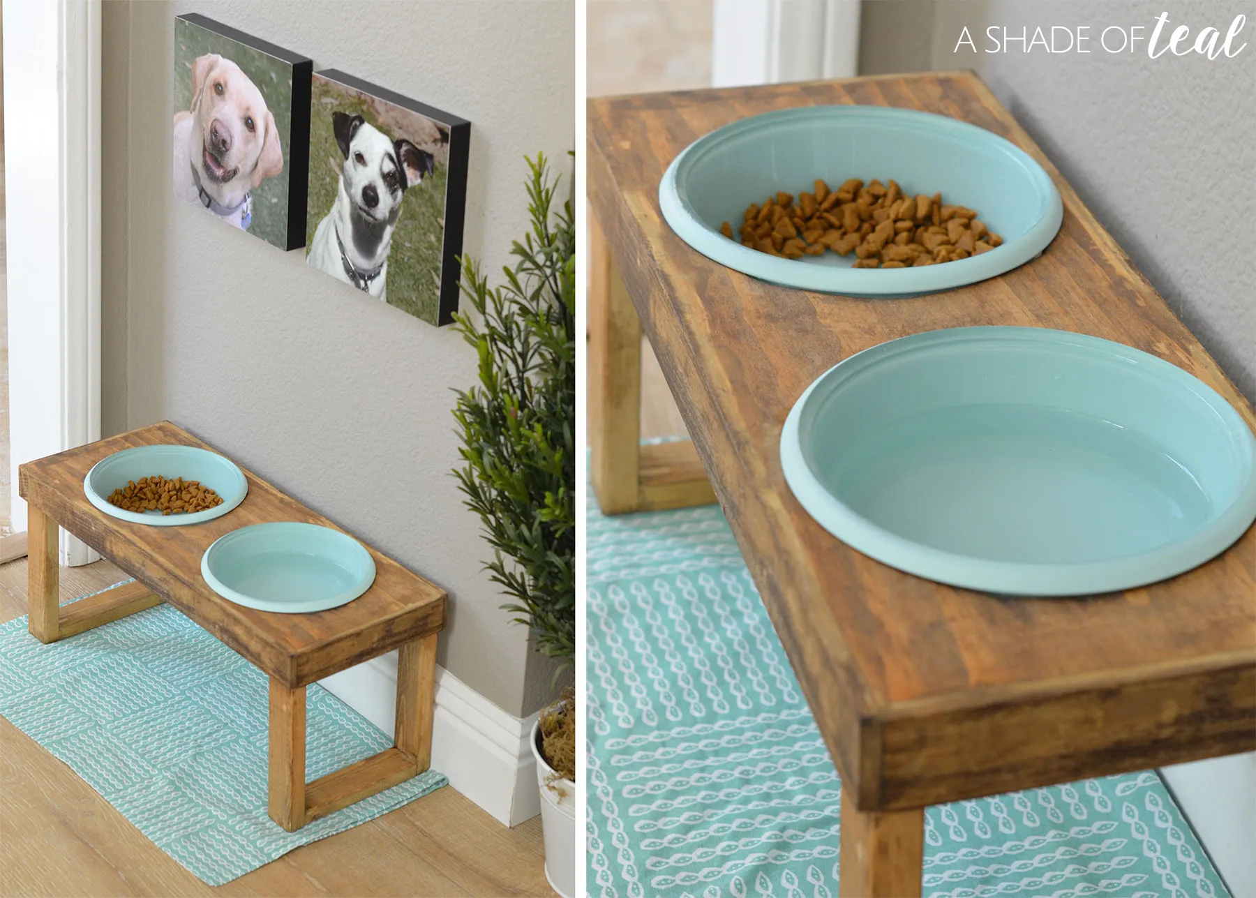 Close-up of the partially assembled raised dog feeder, showcasing the sturdy wooden construction