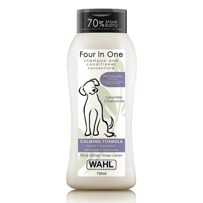 Close-up of the Wahl 4-in-1 Lavender Chamomile Calming Shampoo bottle, showing the product name and key ingredients.