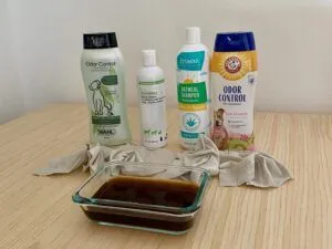 Coffee-soaked rags being prepared for a standardized test to evaluate the deodorizing power of various dog shampoos for odor removal.