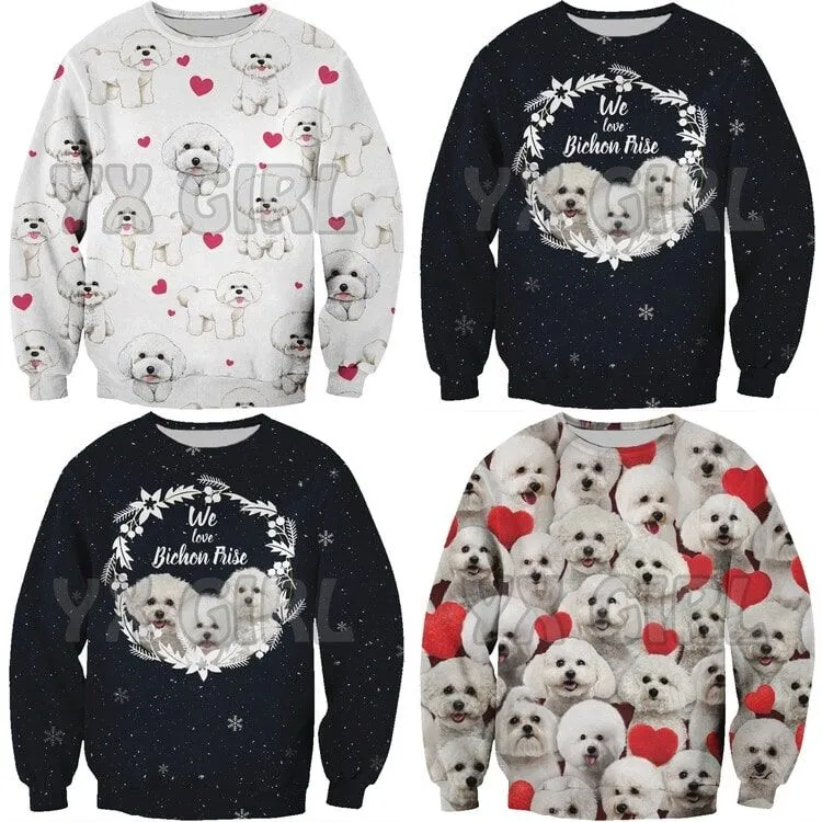 Collage of four beautiful Bichon Frise sweatshirts