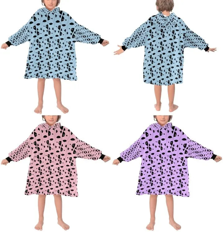 Collage of kids wearing four Bull Terrier blanket hoodies in infinite Bull Terrier design and different colors.