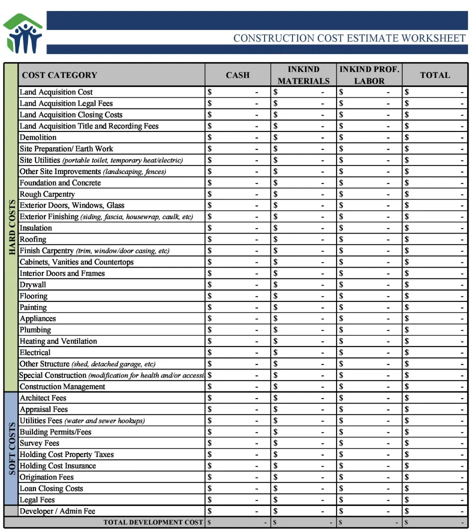 Construction cost estimate worksheet