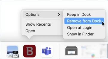 Contextual menu on the Bitdefender icon in the macOS Dock, showing 'Options' and 'Remove from Dock' for final cleanup after uninstallation.