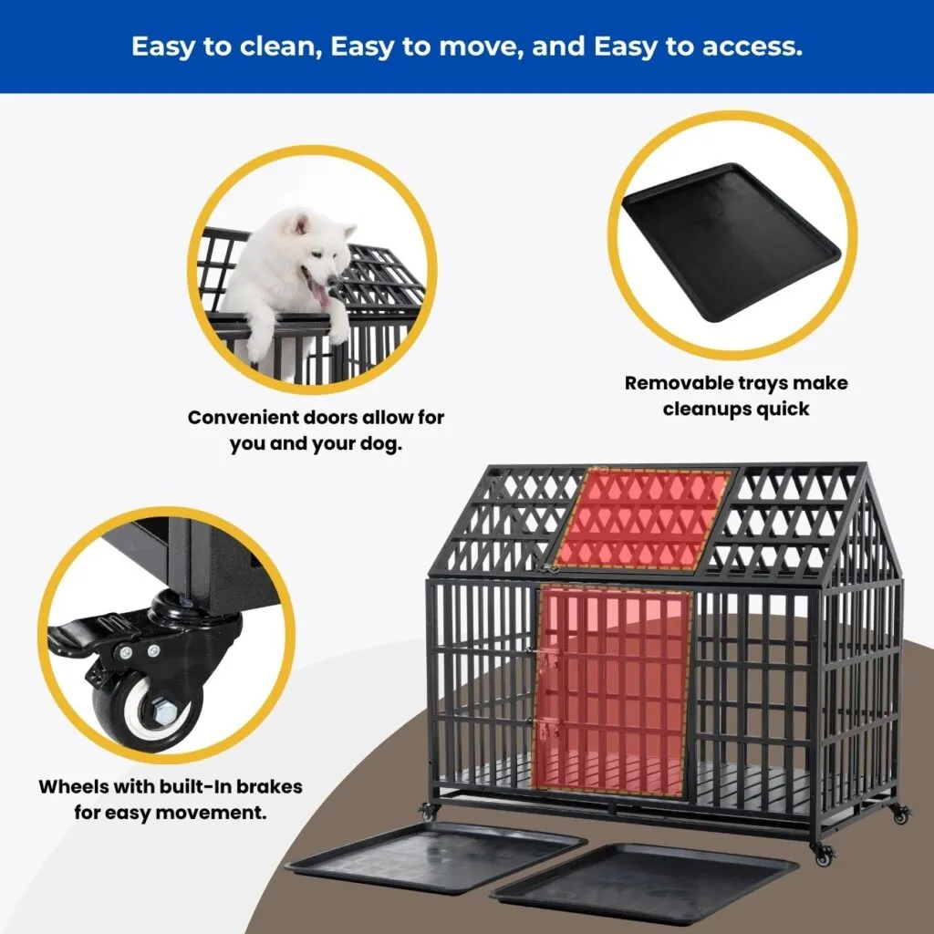 Convenient features of an indoor x large heavy duty dog kennel, including wheels, removable trays, and top access