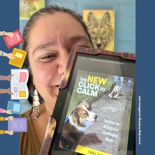 Cover of Emma Parsons' 'The New Click to Calm', invaluable for reactive puppy training