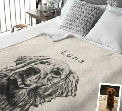 Custom pet pen art portrait blanket, a cozy and artistic Christmas present from dog to dad