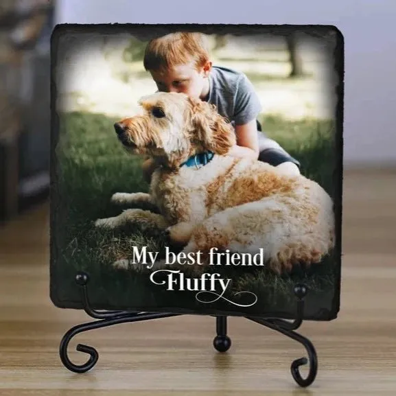 Custom pet photo plaque featuring a happy dog, a perfect Christmas present from dog to dad