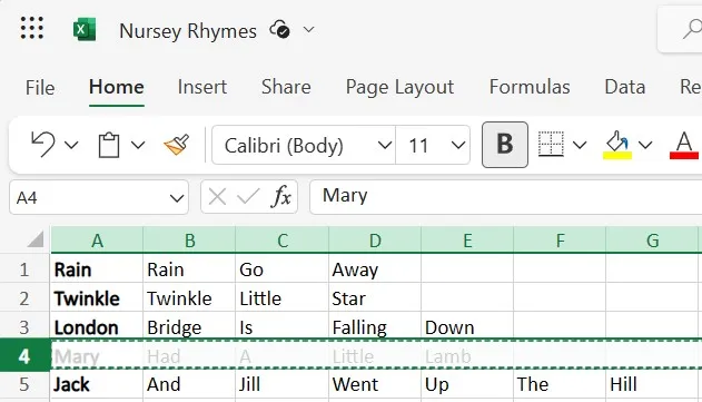 Cut a selected row using the CTRL+X keyboard shortcut