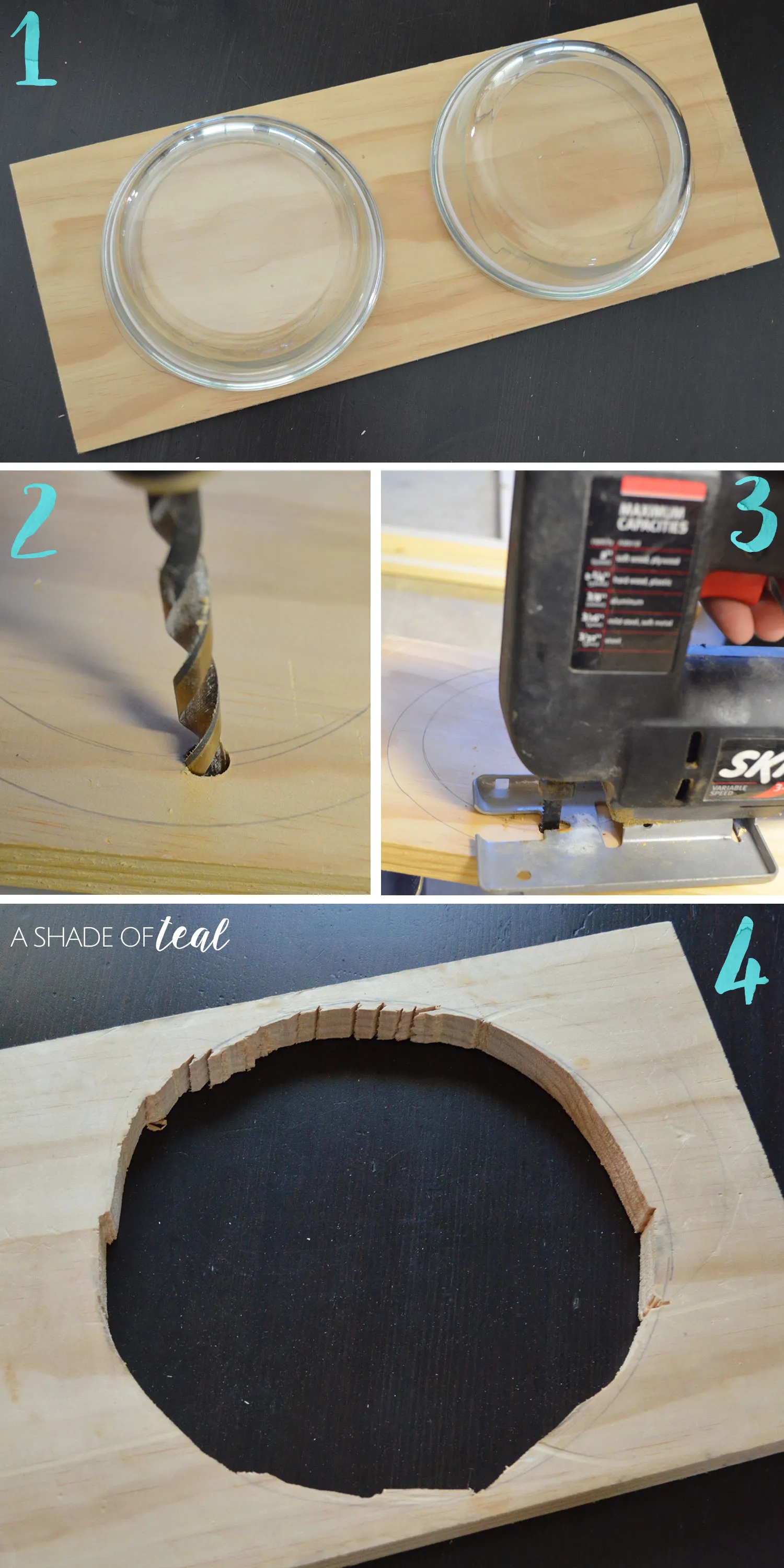 Cutting out the circular openings for dog bowls in the feeder top using a jigsaw, ensuring a perfect fit