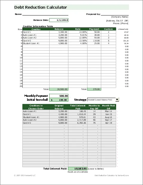 Debt Reduction Calculator - Pro Version