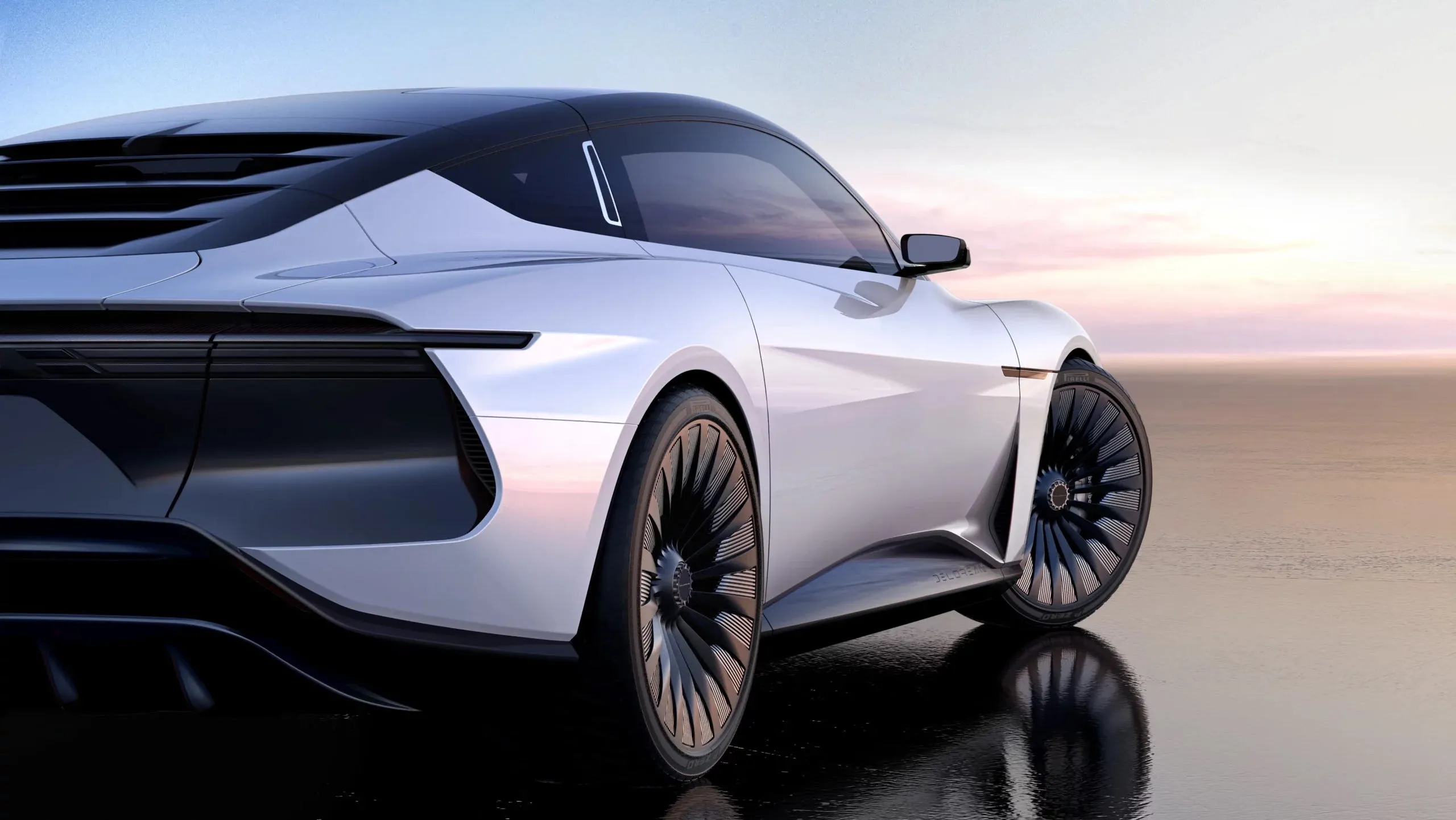 DeLorean Alpha5 EV parked with its signature gull-wing doors open, showcasing its futuristic design.