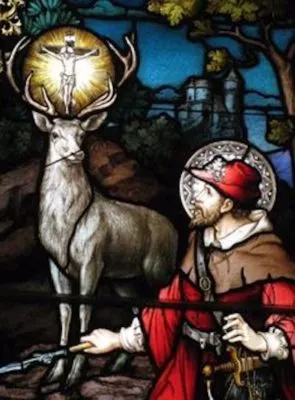 Depiction of St. Hubert, the patron saint of hunting, relevant to the origins of the Basset Hound breed.
