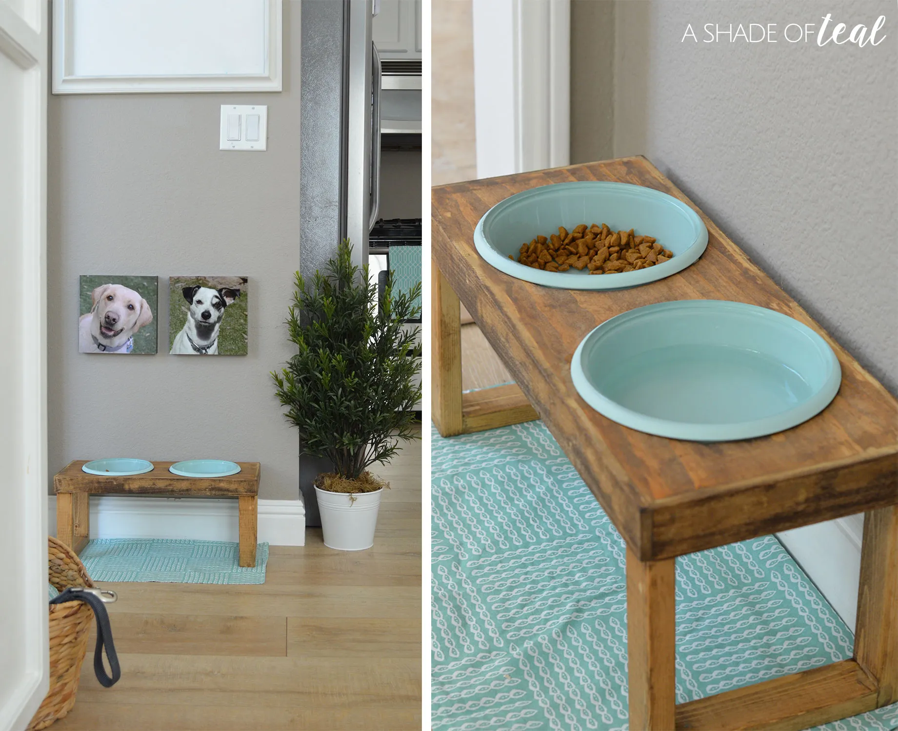 Detail of the finished raised dog feeder, highlighting the stained wood and painted dog bowls