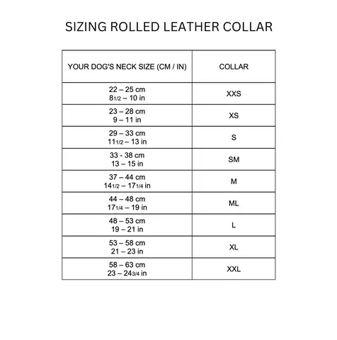 Detailed sizing chart for handmade rolled leather dog collars UK